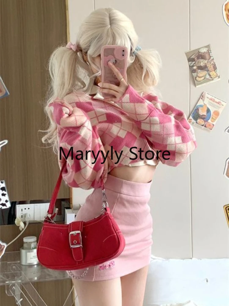 2023 Autumn 3 Piece Skirts Sets Women Pink Plaid Cardigan + Mini Skirts Japanese Kawaii Lolita Suits Sweet Y2k Short Party Chic