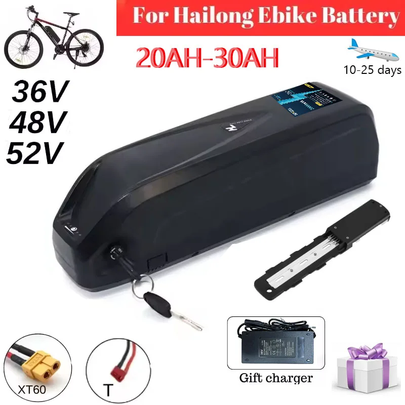 하이롱 배터리 36V 48V 52V 20Ah 30AH BMS 포함, 350W 500W 750W 1000W 전기 산악자전거용