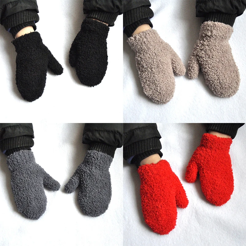 Теплые плюшевые плотные теплые детские перчатки, зимние варежки с бархатной подкладкой, детские варежки из кораллового флиса с полными пальцами, детские перчатки