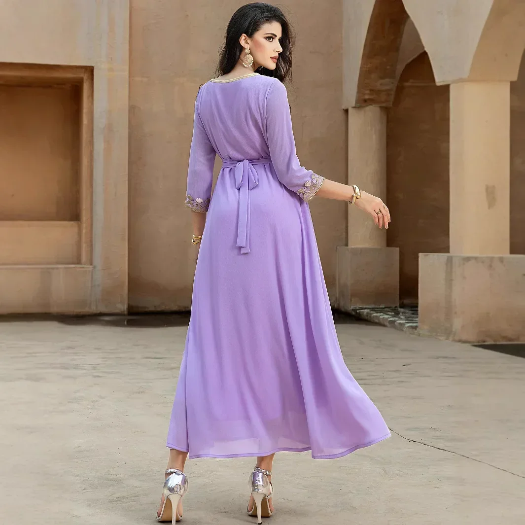 Eid luxe dubaï Abayas pour femmes broderie ceinture Jalabiya Robe musulmane turquie caftan longue Robe de soirée Caftan Marocain Femme