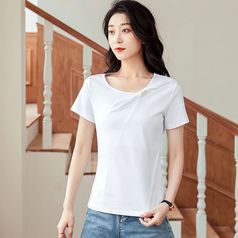 2023 Summer New Solid Short Sleeve Women's T-shirt Round Neck Cotton Splice Comfortable Fashion Casual Fit Pure Cotton Top