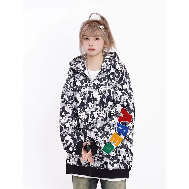 Sanrio Y2K Hello Kitty Lovers Hooded Sweater Autumn Winter Cotton Camouflage Coat Hip Hop Men Women Casual Loose Christmas Gift