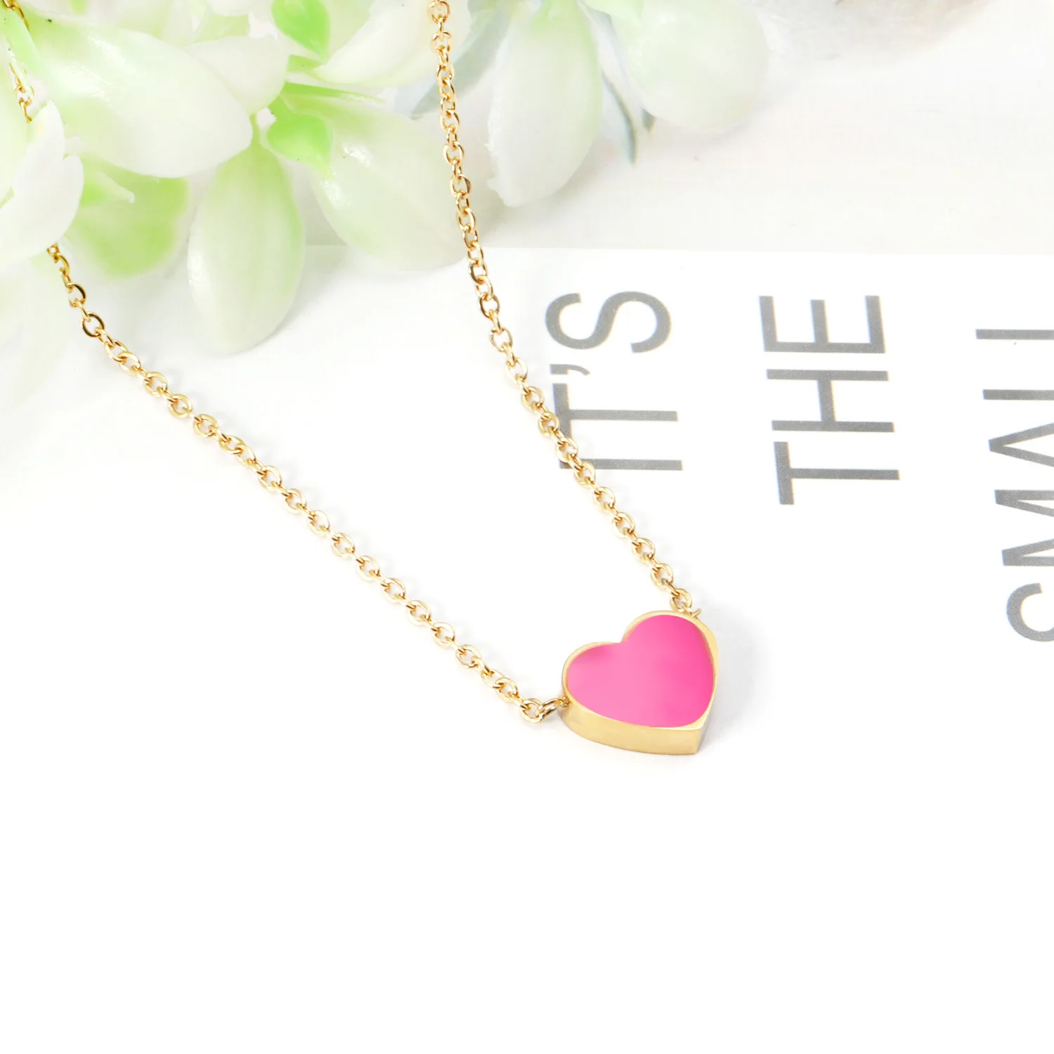 LUXUSTEEL Fashion Oil Drip Pink Red Colorful Love Heart Pendant Necklace For Women Girls Stainless Steel Rolo Chain Choker BFF