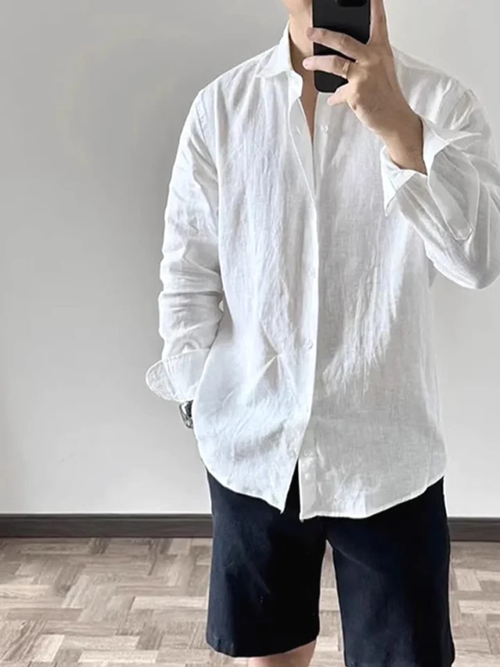 

High-End Men's Cotton Linen Pleated irt Loose Long Sve Sun Protection Casual Pure Color irt Breathable Summer Faion