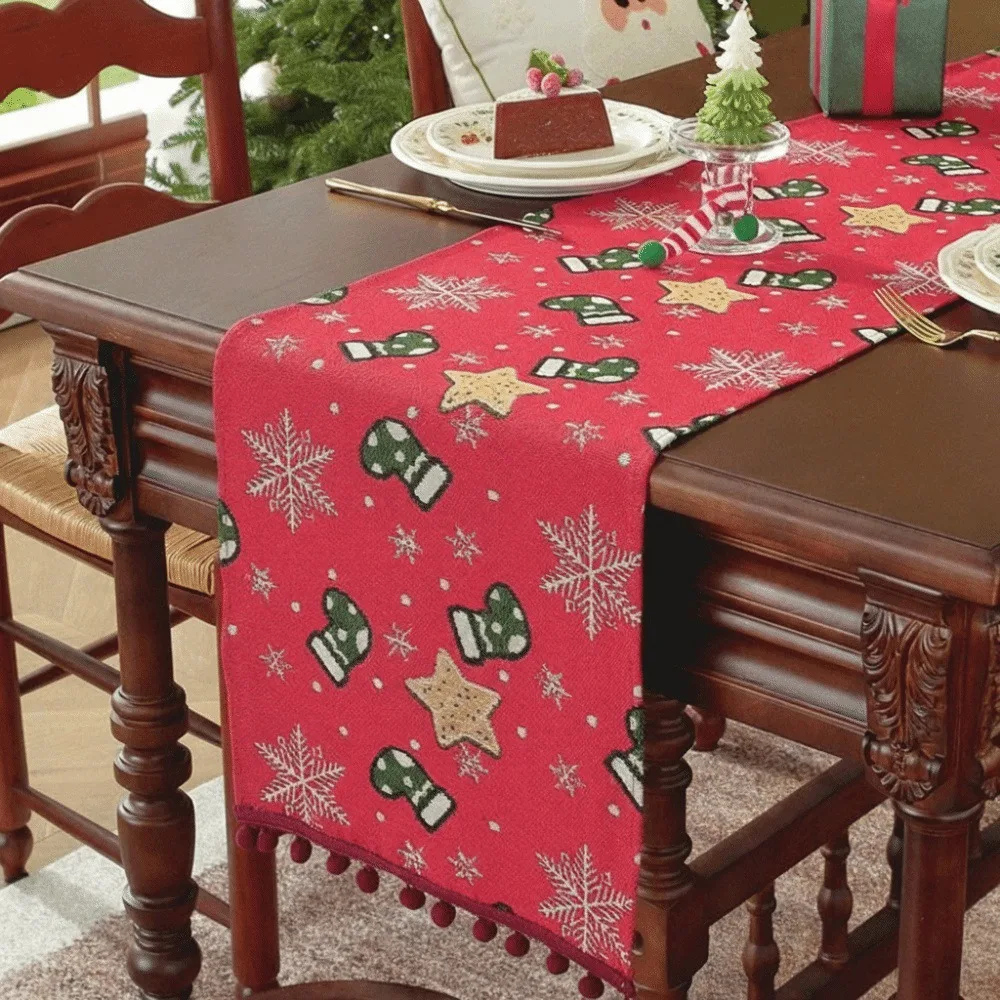 

Polyester Christmas Table Runner Santa Claus Pattern Snowflake Pattern Table Flag Cartoon Pattern Multi-Color Tassel
