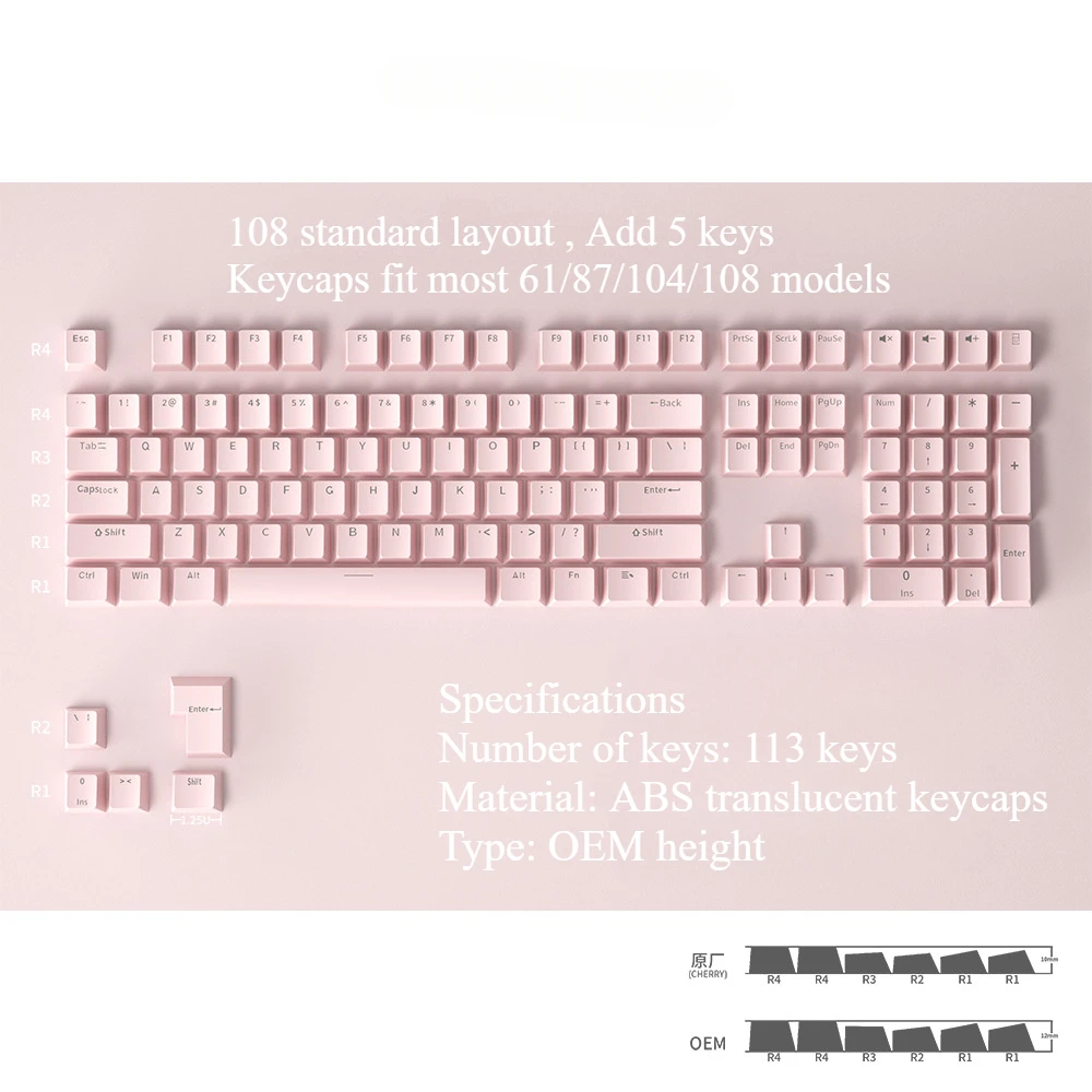 Keyboard Keycaps 113 Keys Caps ABS Translucent OEM Profile Keycap Keyboard Accessories for Office Home