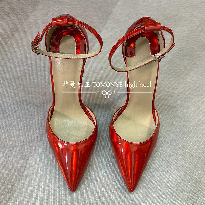 TOMONYE Glossy Red Patent Leather Pointed Toe Ankle Buckle  Strap Stiletto Strange Tiny High Heels Evening Dress Shoes  On Sale
