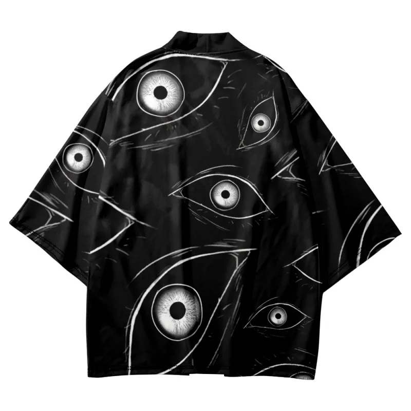 Summer Couple Women Men Haori Yukata Streetwear Casual Cartoon Eye Printed Black Kimono Beach Shorts Cardigan