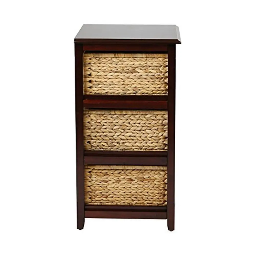 Rustic Wooden Storage Tower with Hand Braided Seagrass Baskets 3-Drawer 16.5