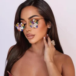 Fashion Colorful Heart Eye Glasses Frames Party Face Decoration Rave No Lenses Geometric Rhinestone Sunglasses Frames for Women