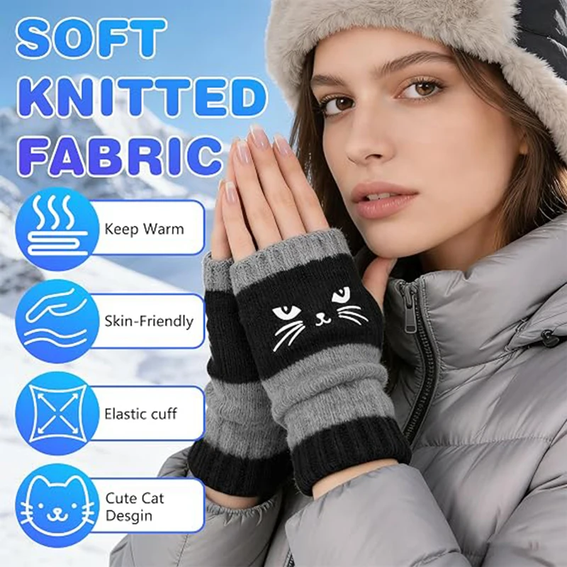 Thermal Winter Gloves Warm Cute Cat Fingerless Gloves Halloween Christmas Unisex Anti-Cold Thickened Touchscreen Mittens