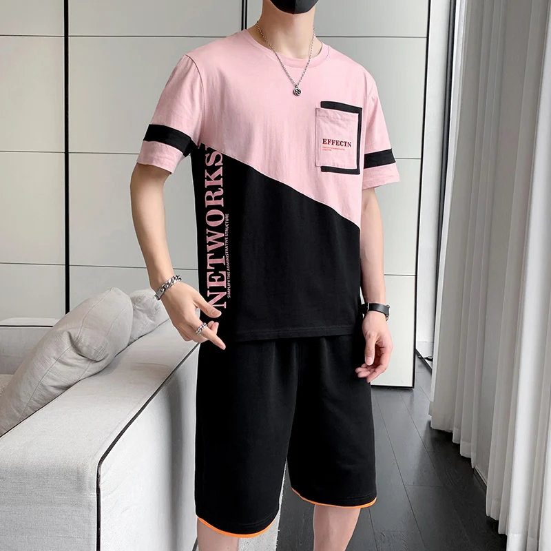 Fashion 2024 Summer Two Piece Men's Sets Casual Loose Cotton T-Shirt And Shorts Set Outwear Top Tees&Knee-Length Pant Tracksuits