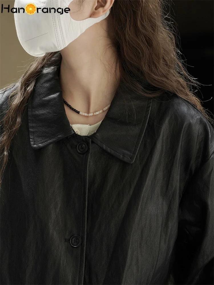เสื้อแจ็คเก็ตหนัง PU ทรงหลวม สไตล์แฟชั่นฤดูหนาว HanOrange 2025 สีน้ำตาลกาแฟ