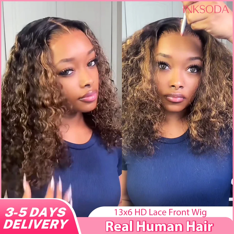 

Short Bob Wig Gleuless Wig P4/27 Blonde Highlight Ombre Curly Human Hair Wig 5x5 Deep Wave HD Transparent Lace Wigs For Women