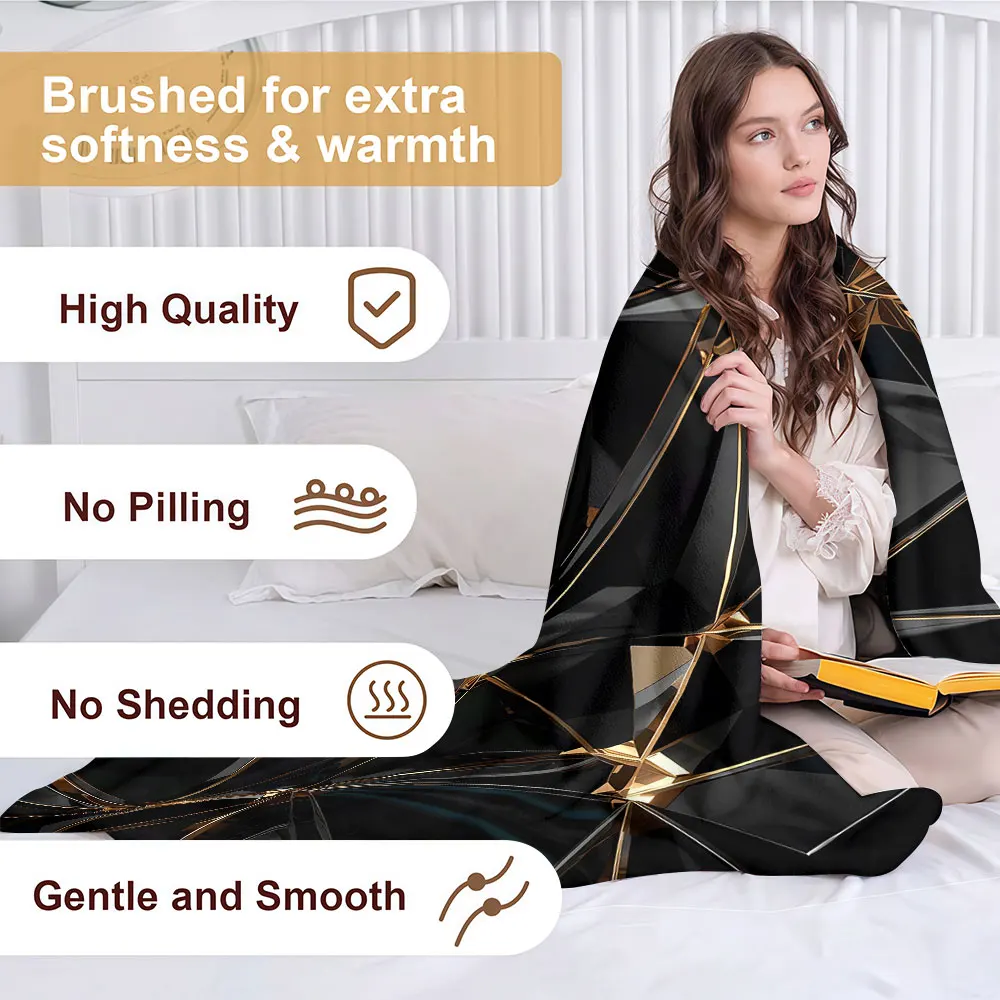 Black Gold Crystal Grid Soft Warm Flannel Blanket Lightweight Cozy Christmas Halloween Home Decor Room