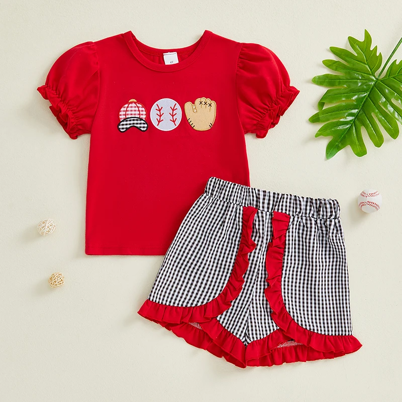 

Toddler Infant Girls Summer Outfit Baseball Embroidery Short Sleeves T-Shirt and Elastic Ruffles Plaid Shorts Set Cute Clothes