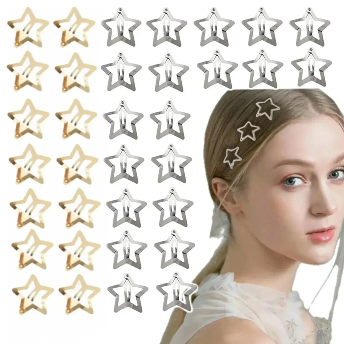 36Pcs Hollow Star Hair Clips, Gold & Silver Metal Barrettes, Cute Y2K Hair Accessories for Women, Perfect for Daily & Parties