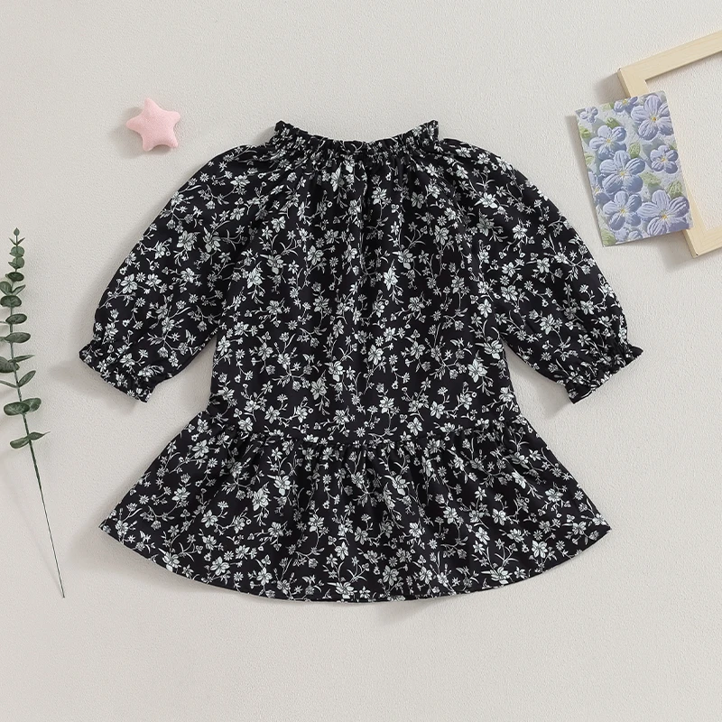 Kids Girls Dress Floral Print Elastic Collar Long Sleeve Dress Fall Fashion Casual Princess Dress