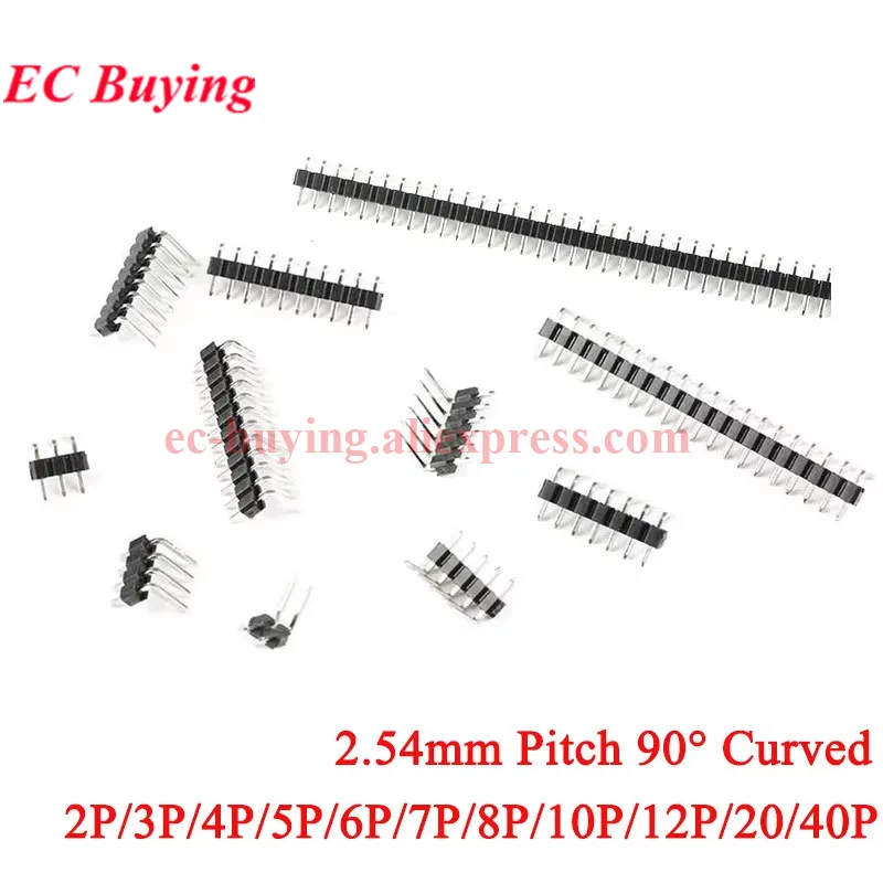 10-20Pc 2.54mm 90° Curved Male Single Double Row Pin Header Needle 2P/3P/4P/5P/6P/8P/10P 40P Connector Strip Pinheader PCB Board