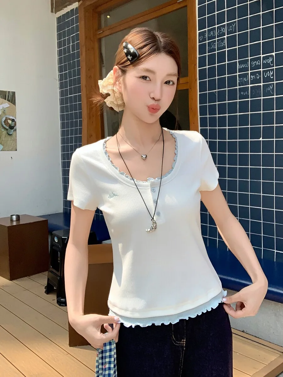  Style Short Sleeve Embroidered Slim Fit T-Shirt Women Summer Fashion Casual High Waist Design Travel Suitable Polyester...