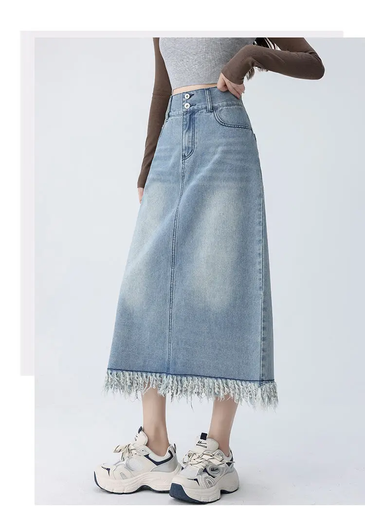 Large Size Denim Skirt Women Half Body A Word Medium Long Summer Thin Section High Waist Slim Student Fringe