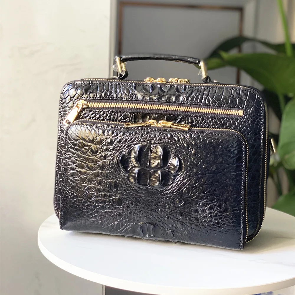 Borsa casual da lavoro da uomo in vera pelle di coccodrillo, borsa a tracolla a tracolla di grande capacità con cerniera in vera pelle di coccodrillo