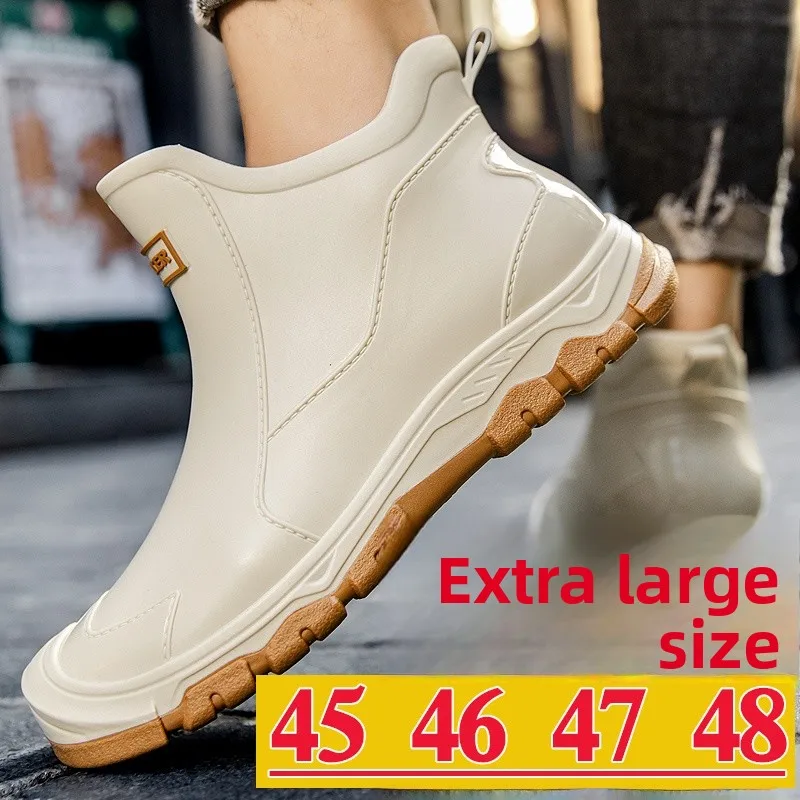 Fashionable Short Rain Boots Men's Waterproof Fleece Lined Kitchen Work Outdoor Water Boots Large Size 48 Plastic  Style