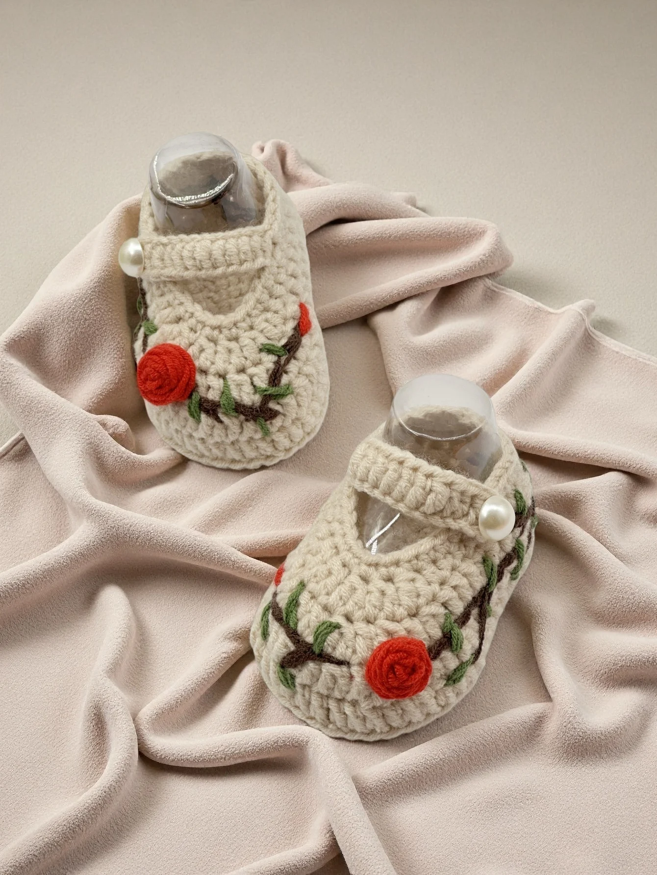 1 Pair Crochet Baby Booties, Handmade Knit Infant Girl Mary Jane Style with Flowers and Pearl Button