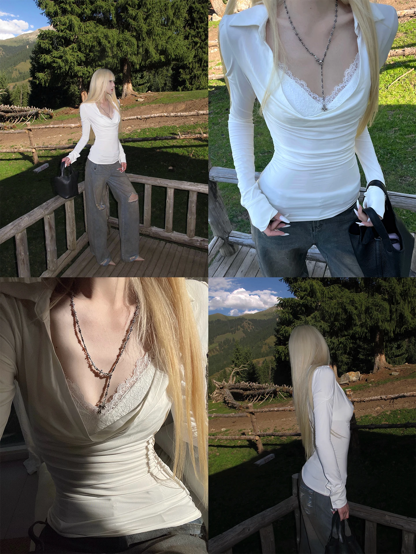 Rase Le Sol 'Kiss of Venus' White Long Sleeve Lace Camisole Two-Piece Set Slim Fit Bubble Sleeve Regular Length Ladies Top