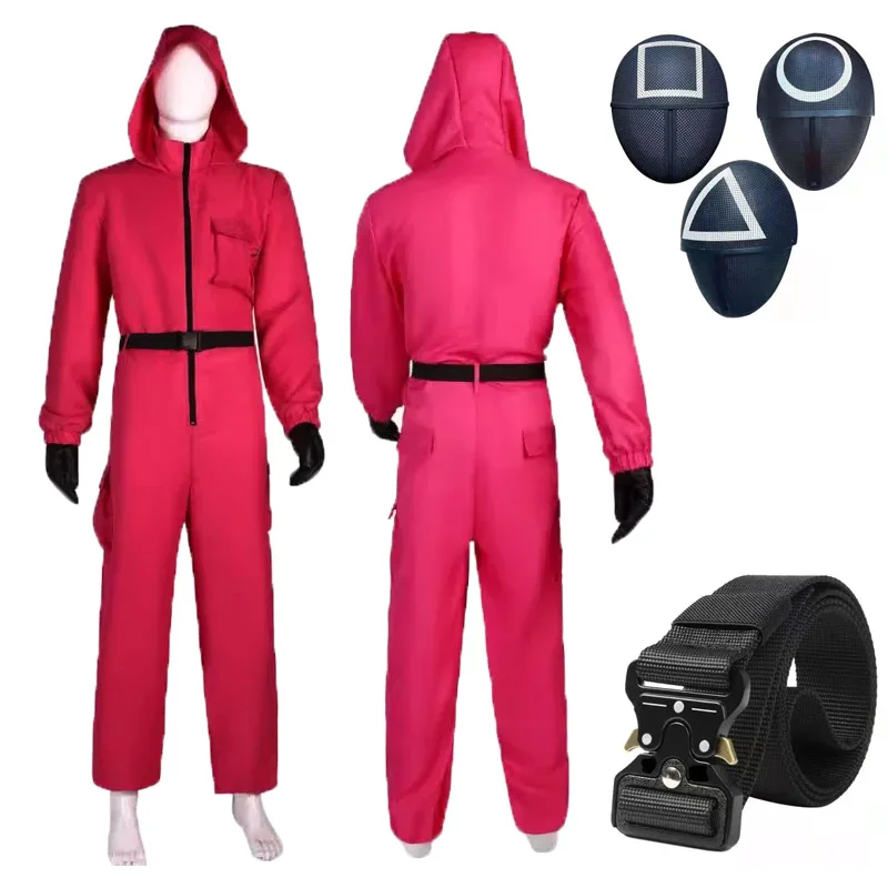 Red Calamari Game Cosplay Costumes Jumpsuit Carnival Party Tracksuit Outfits Props Role Play Classic Costume Belt Full Mask Set