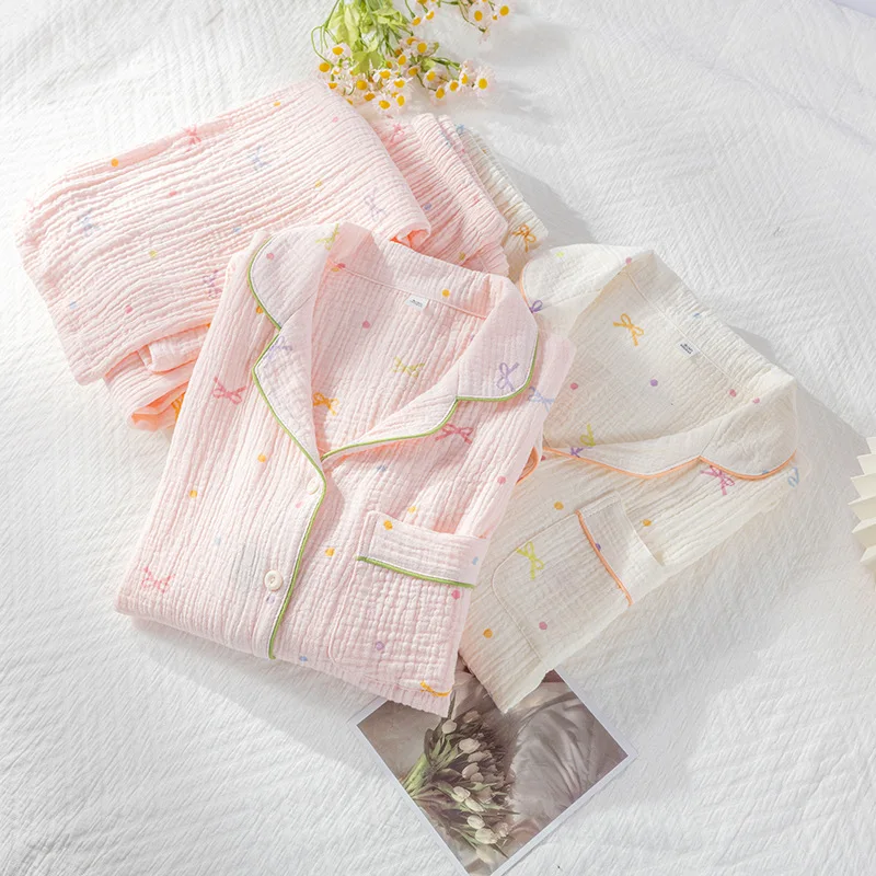 2025 New Spring/Summer Women's Pajama Set 100% Cotton Crepe Loose Cute Girl Long Sleeve Two Piece Home Clothes Sleepwear