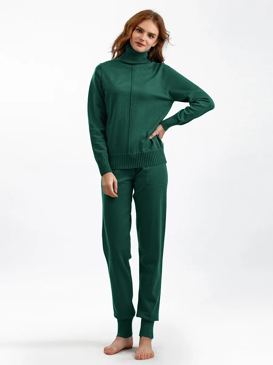 Casual Solid Knitted 2-piece Sets Women Long Sleeve Turtleneck Sweater Pullover Tops Conjuntos New High Waist Harem Pants Outfit