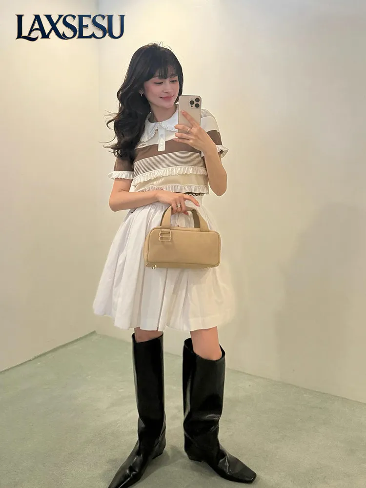 Summer New  Short Sleeve T-shirt Japanese Sweet Lace Splicing Women's T-shirt Striped Lotus Leaf Edge Knitted Top for Girl