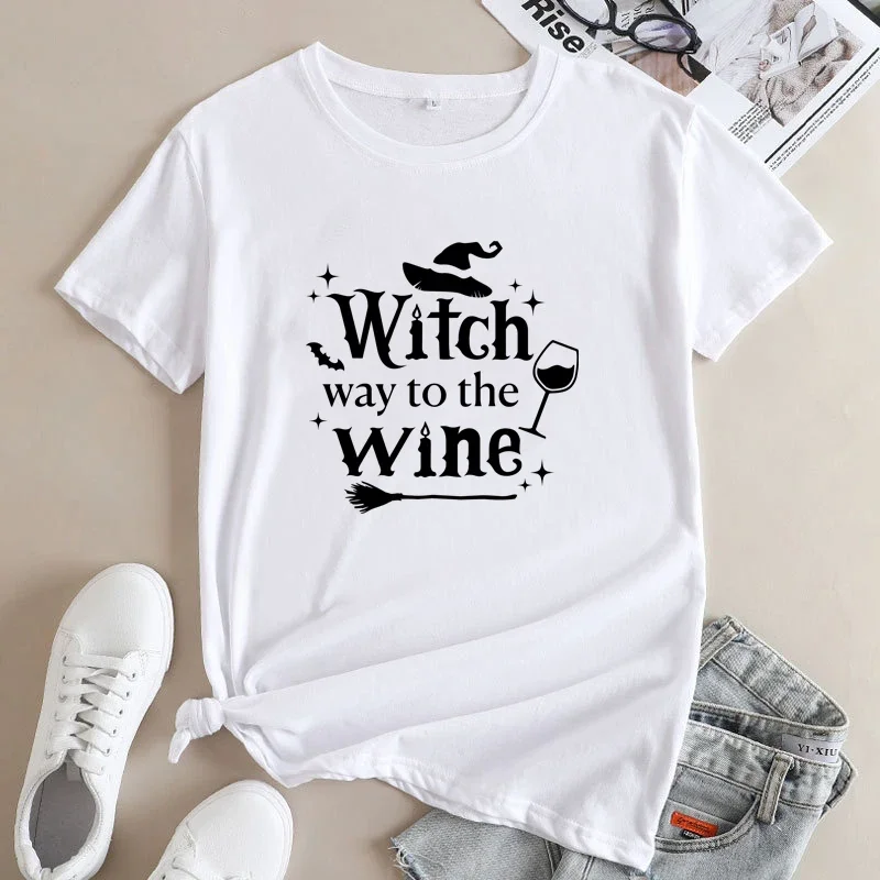 Y2k Short Sleeves Sunmmer T Shirt Streewear Witch Way To The Wine Shirt Funny Sarcastic Women Halloween Alcohol Party Tee Top