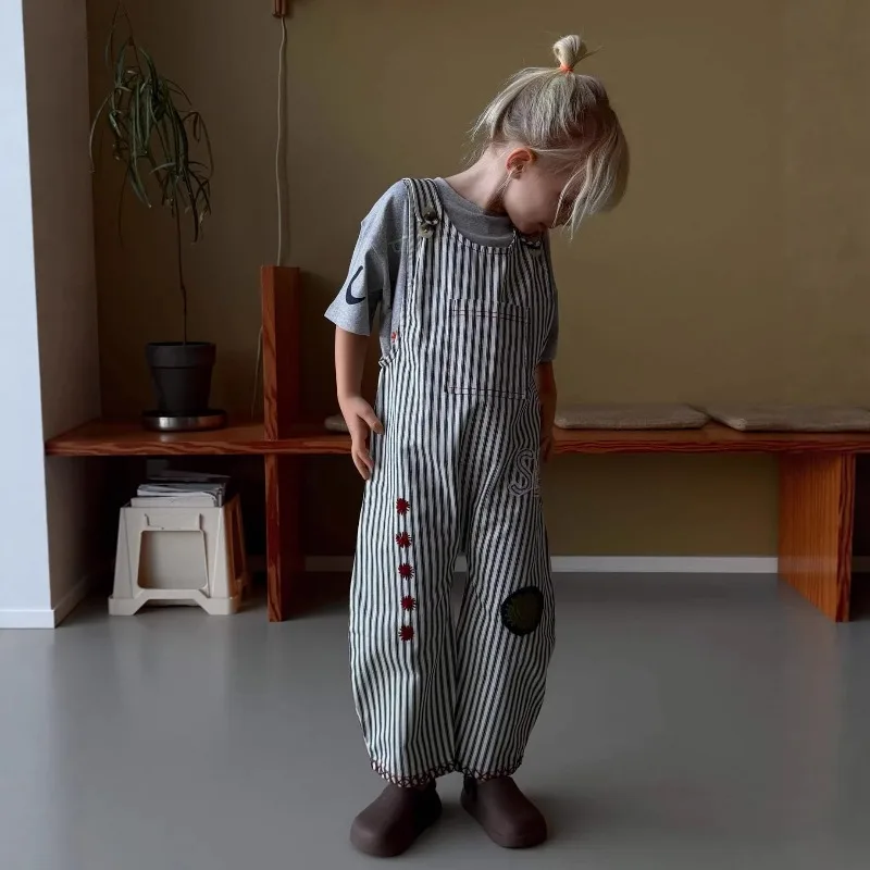 Children's T-shirt 2026 Summer Ins Girls Heavy Embroidery Striped Jacket Top with Belt Pants Set Kid Overalls