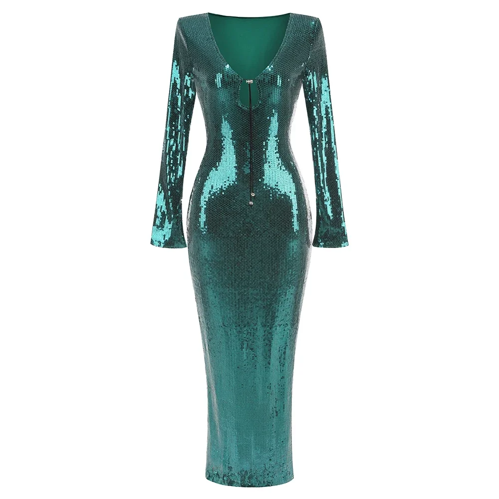 Sexy V-hals Flare Lange Mouw Pailletten Maxi Jurk Vrouwen Elegante Groene Lovertjes Split Bodycon Celebrity Avondfeest Lange Jurken