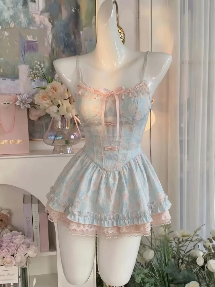 

Kawaii Korean Fashion Princess 2 Piece Set Women Lace Ruffle Bow Tiered Floral Print Cute Slim Fit Dress Woman Matching Sets New