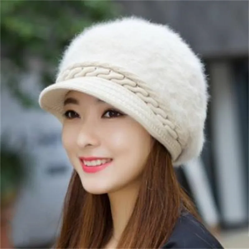 Winter Ladies Women Beret Hats Solid Color Rabbit Hair Knitted Female Berets Winter Warm Cap Feminina Bonnets Wholesale