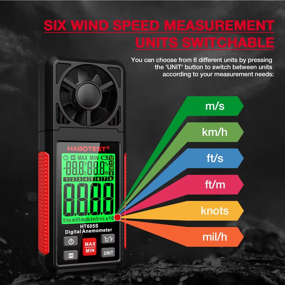 HABOTEST HT605S Digital Anemometer Air Flow Wind Speed Meter LCD Backlight Thermometer Hhygrometer Professional Anemometer