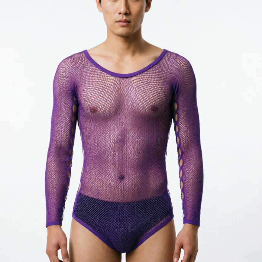 Lencería Sexy Morada para Hombre, Tops de Rejilla Huecos, Colores Negro, Azul, Rojo, Blanco, Ropa Interior para Hombre Joven 2026, Lencería Hombre