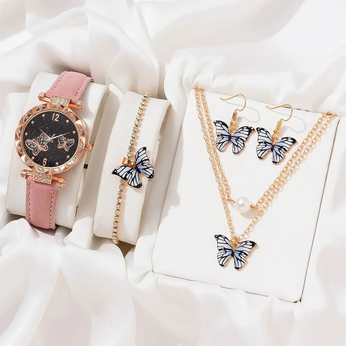 Female Clock Butterfly Dial Watches for Women 5pcs Set Women Quartz Watch Luxury Brand Design Simple Ladies Wristwatch Earrings