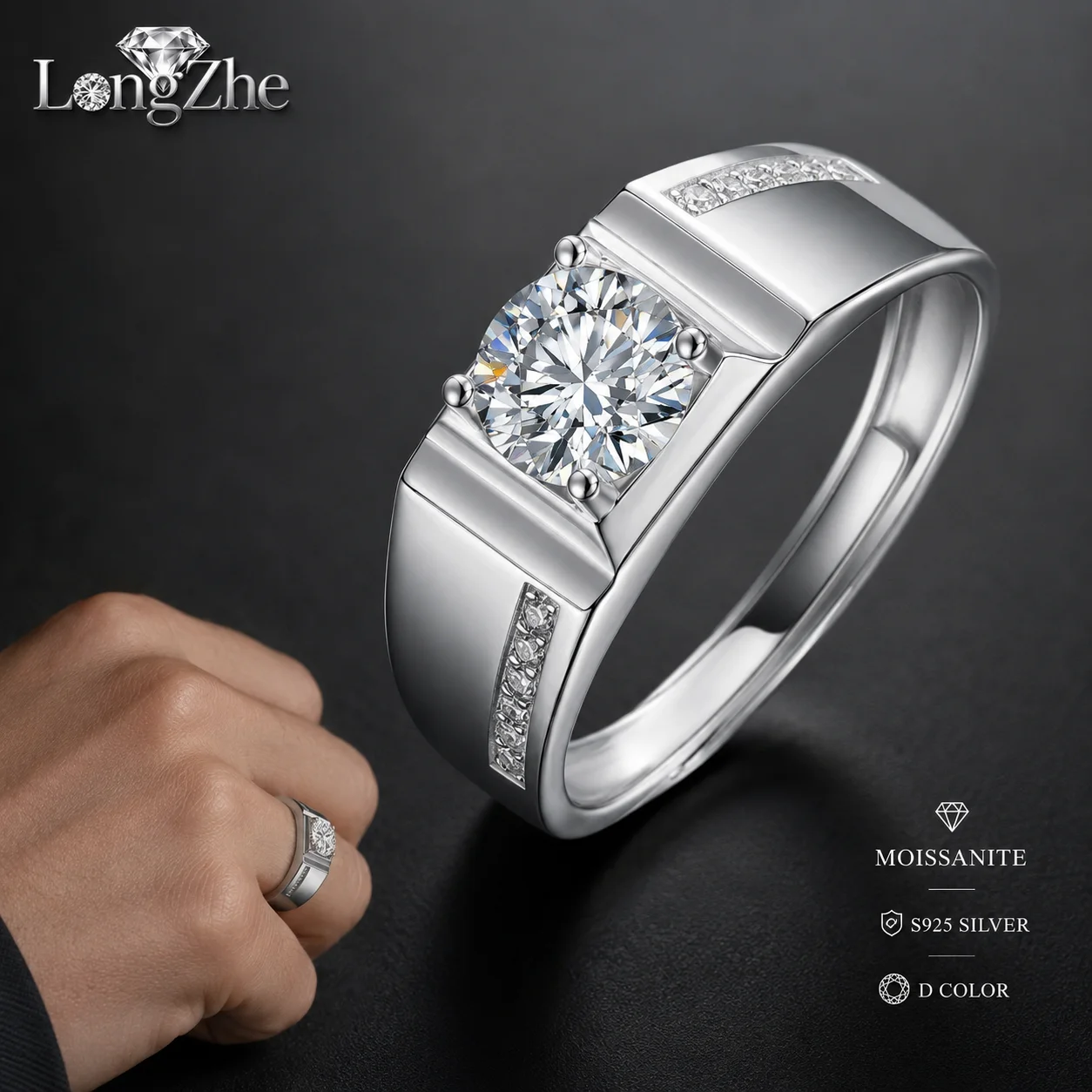 LongZhe Moissanite Ring Silver 925 Ring for Men 1CT 6.5mm Round Cut CZ Side Stone 925 Sterling Silver Fine Jewelry Wedding Gift