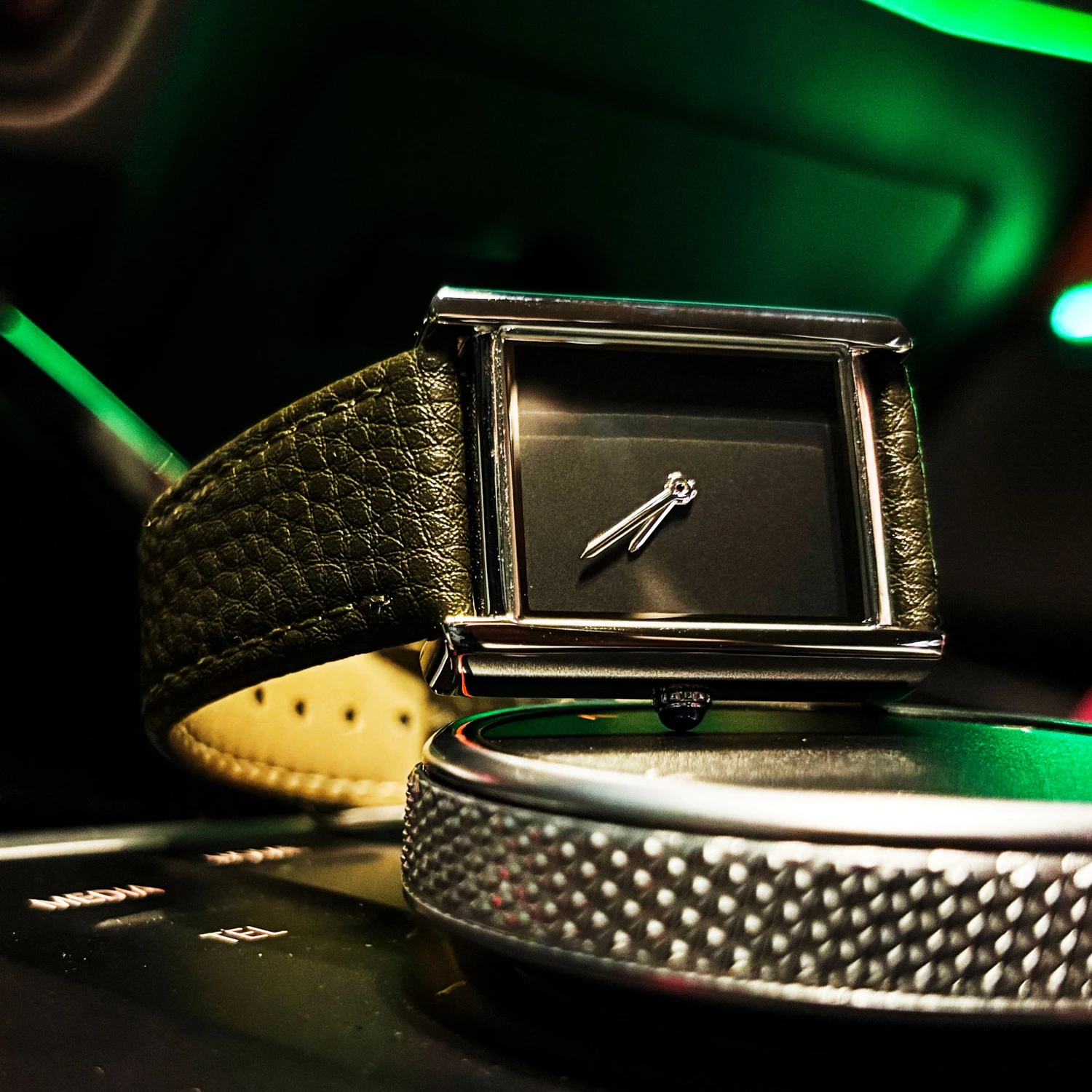 CILOA-Men Unique Black Watch Single Hand Green Leather Strap Minimalist Square Dial Concept Quartz Wrist Watch-533