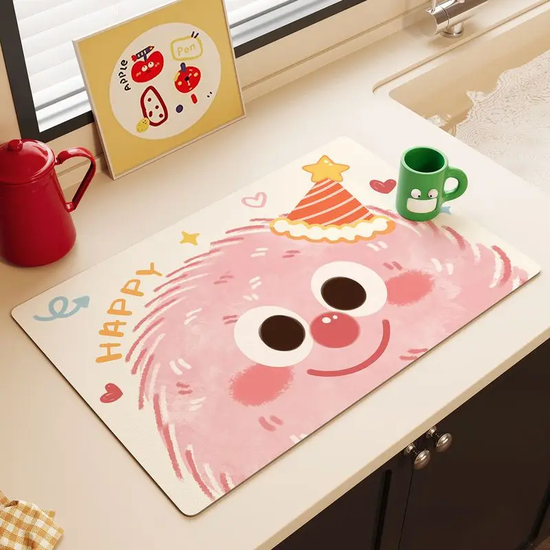 VIKAMA Colorful Cartoon Little Monster Kitchen Drainage Mat, Anti-Slip Coffee Machine Tableware, Countertop Protection Mat