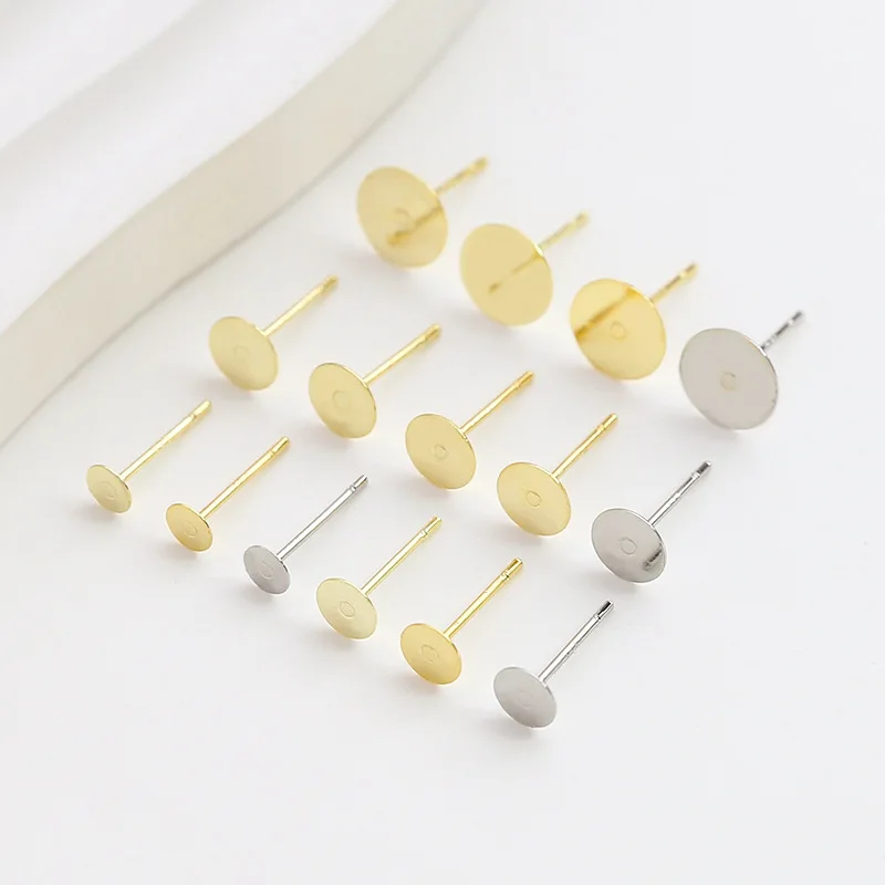 50Pcs Brass Gold Plated Earrings Posts Flat Round Blank Pad Board Glue On Stud Settings For Diy Earrings Findings Jewelry Making