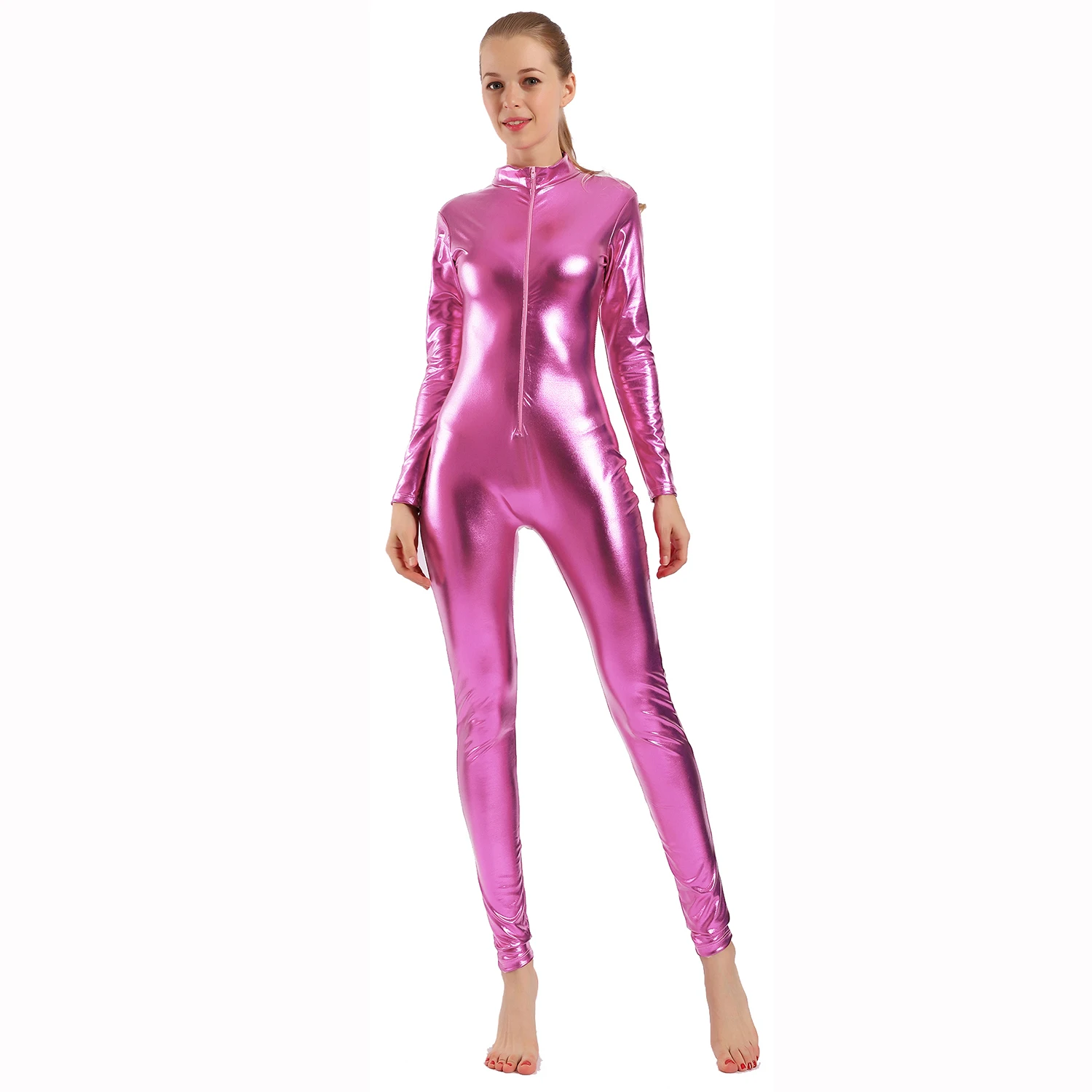 AOYLISEY Women Shiny Metallic Catsuits Unitard Long Sleeve Mock Neck Ballet Jumpsuits for Dance wear Men Zentai Costumes