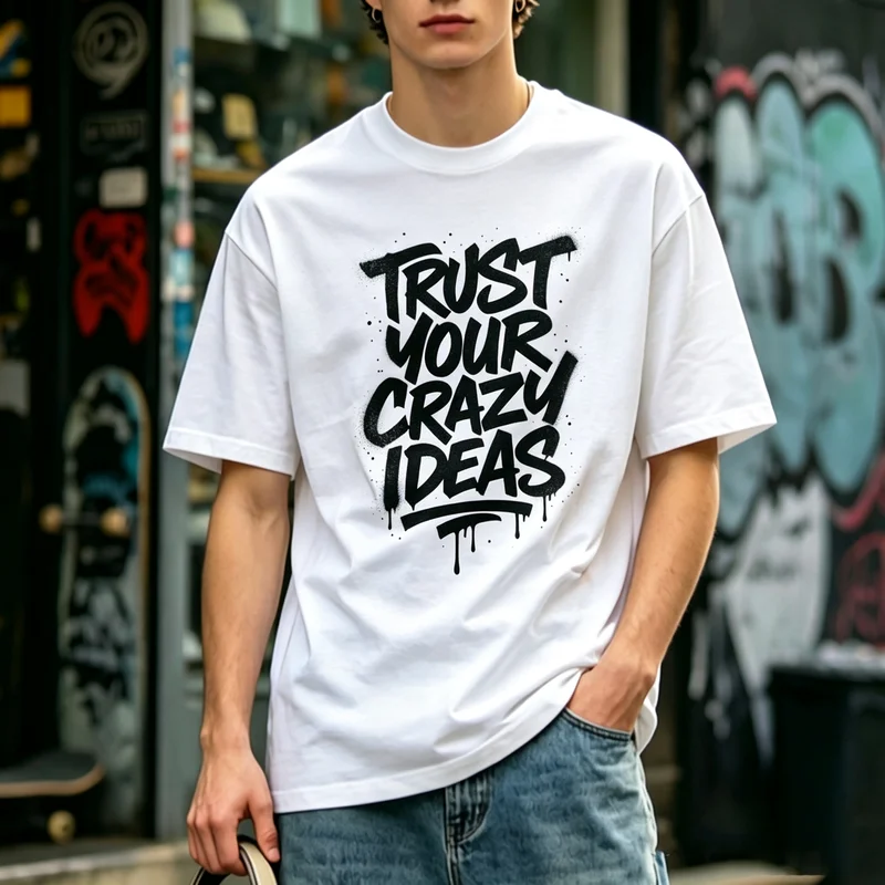 Spray Paint Lettering Trust Your Crazy Ideas Quote Print Loose Pure Cotton Tshirt Unisex Youth  Outdoor Hip Hop Casual Top