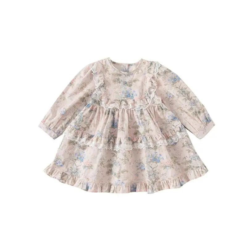 2024 Girls Floral Printing Dress Spring Autumn Baby Girl Sweet Lace Dresses Round Neck Newborn Princess Clothes Boutique Vestido