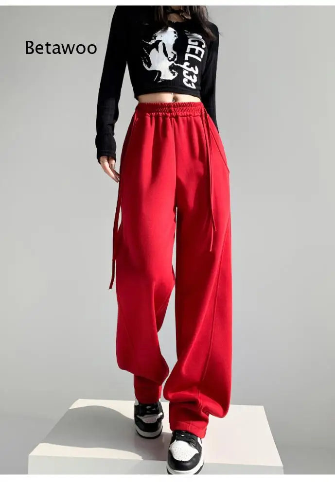 Womens High Waist Wide Leg Sweatpants Drawstring Closure Long Trousers With Big Pockets For Simple Daily And Hip Hop Style