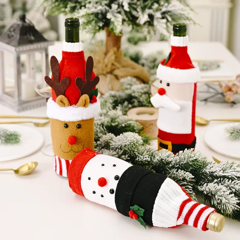 Christmas Wine Bottle Cover Set, Santa, Snowman, Woven Wine Bottle Bags, Dinner Table Decorations, New Year Gifts